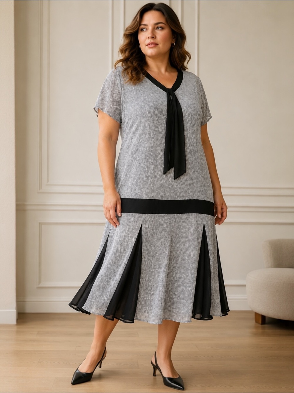 Marycrafts 1920s Drop Waist Godet Dress Gray Black Art Deco Flapper XL